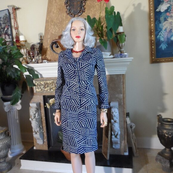 Oscar de la Renta Navy Blue/White Striped Dress & Jacket Suit Size 4 - Picture 1 of 16